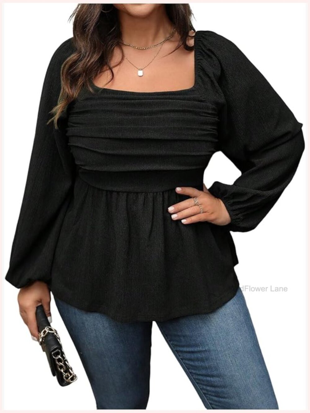 Plus Size Square Neck Lantern Long Sleeve Ruffle Hem Peplum Top Blouse